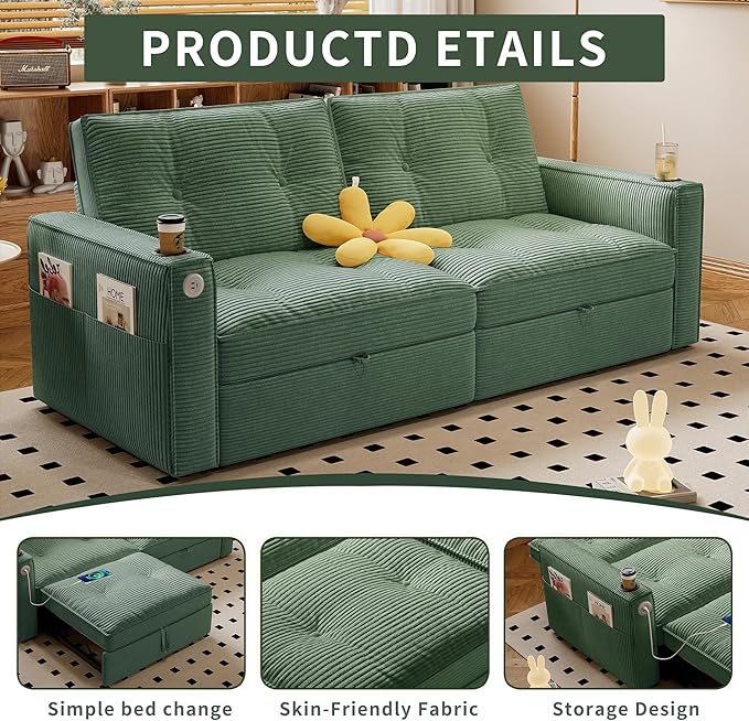 healthomse 73.2" Convertible Sofa Bed, 2-in-1 Multi-Functional Loveseat Sleeper, Modern Corduroy Couch with Side Pocket, for Living Rooms, Bedrooms, Apartments, Small Spaces (Green, 73.2inch)