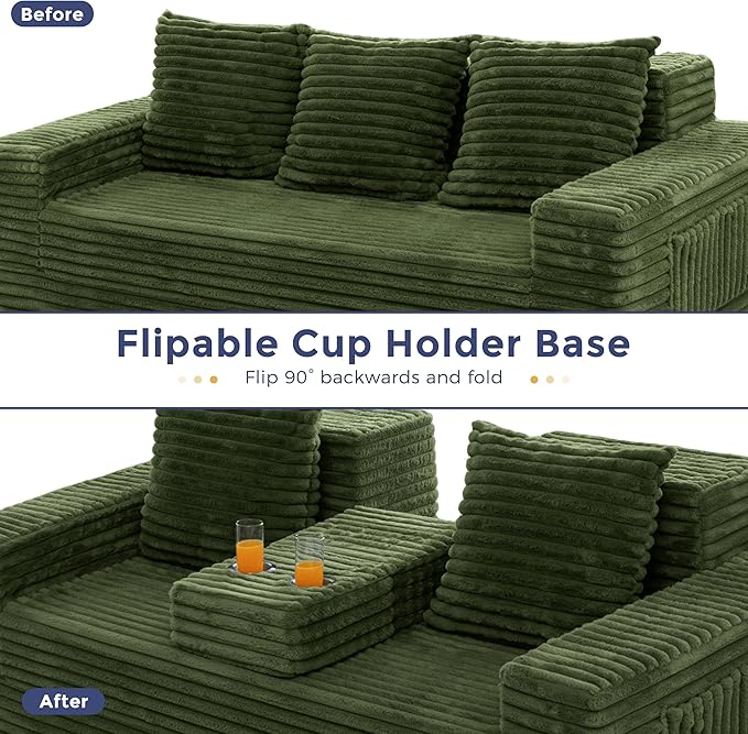 MAXYOYO Loveseat Sofa Bed, Striped Faux Fur Foldable Floor Sofa Couch in A Box, 4 in 1 Convertible Boneless Couch with 2 Cup Holders, Folding Recliner Sleeper Chair, No Assembly Required, Pine Green