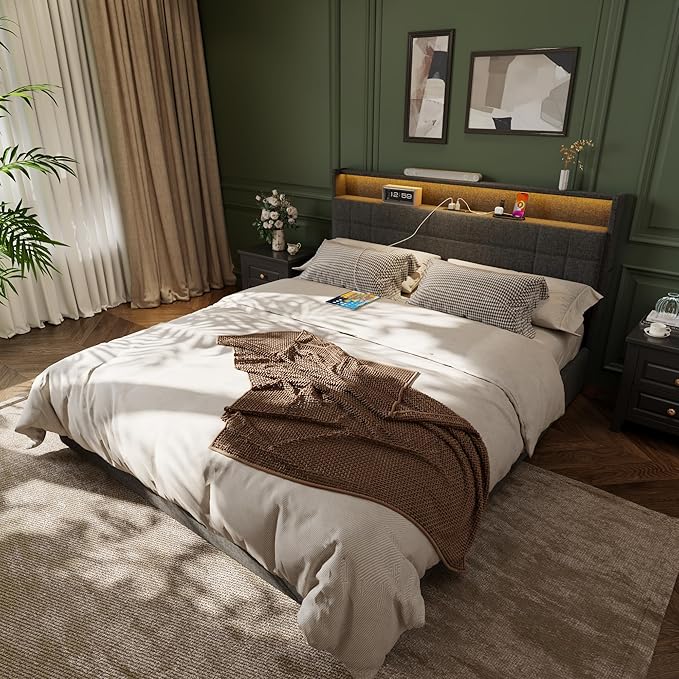 Forestell Full Size Bed Frame with 4 Drawers and Storage Headboard, Grey Upholstered Platform Bed Frame Full Size with Charging Station and LED Lights, Metal Slats Support, No Box Spring Needed