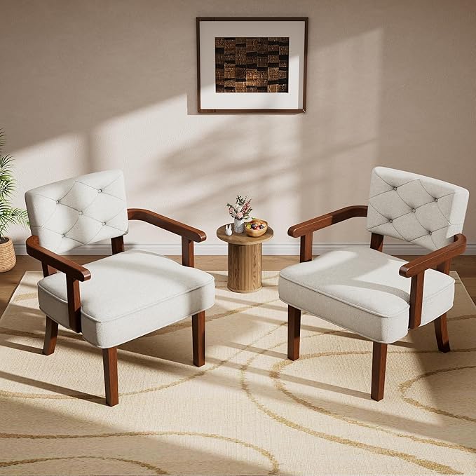 Modern Accent Chairs Set of 2,Butacas para Sala,Mid Century Small Arm Chair,Upholstered Wooden Chairs with Arm Rest,Tufted Backrest,Cushion, for Office,Waiting/Reading/Living Room, Beige