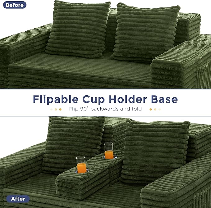 MAXYOYO Loveseat Sofa Bed, Striped Faux Fur Foldable Floor Sofa Couch in A Box, 4 in 1 Convertible Boneless Couch with 2 Cup Holders, Folding Recliner Sleeper Chair, No Assembly Required, Pine Green
