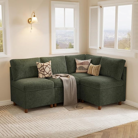 SITJOY Breakfast Nook Bench with Storage, Modular Corner Kitchen Banquette Seating, Dining Settee Couch, Upholstered Dining Bench with Back, Soft-to-Touch Fabric in Green, 4-Seat L Shaped Nook