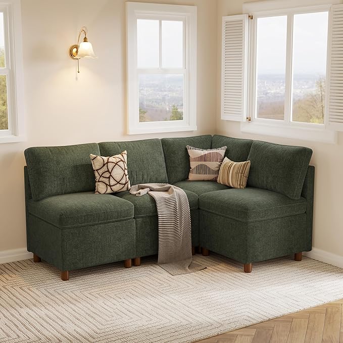 SITJOY Breakfast Nook Bench with Storage, Modular Corner Kitchen Banquette Seating, Dining Settee Couch, Upholstered Dining Bench with Back, Soft-to-Touch Fabric in Green, 4-Seat L Shaped Nook
