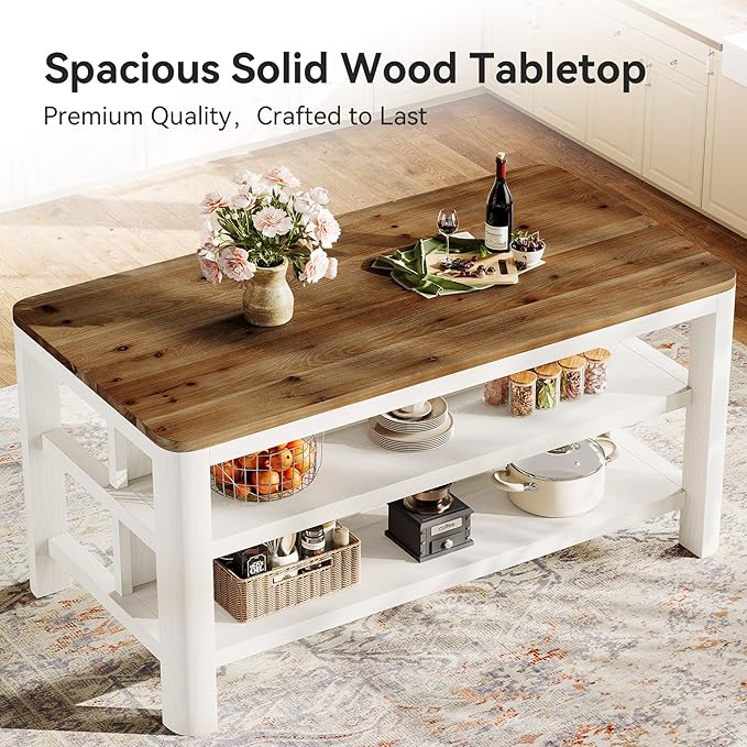 63-Inch Solid Wood Kitchen Island with Storage Shelves, Farmhouse Island Table with Seating, Counter Height Bar Table for Dining Room, Kitchen, Easy to Assemble, White and Brown