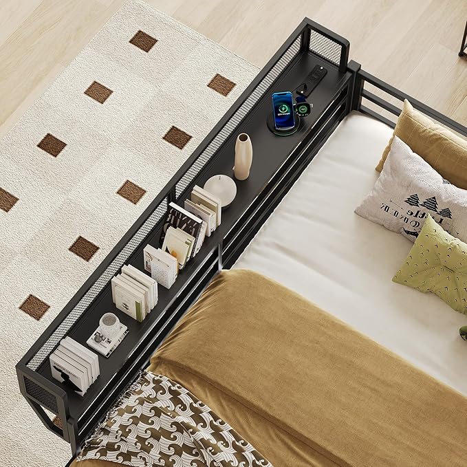 Queen Over Queen Metal Bunk Bed with Storage Shelf Built-in USB Port, Heavy Duty Queen Size Bed Frame w/Full-Length Guardrail & Ladder, Noise-Free & Stable,No Box Spring Needed