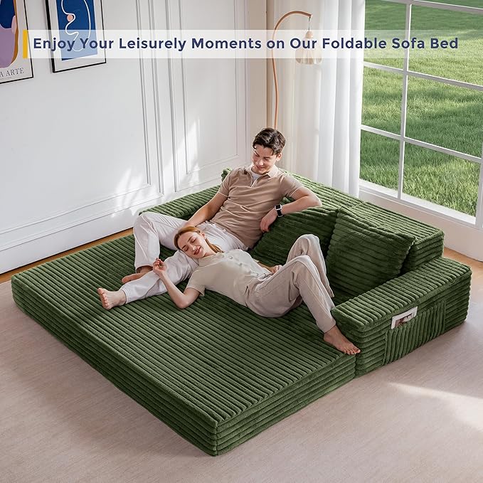 MAXYOYO Loveseat Sofa Bed, Striped Faux Fur Foldable Floor Sofa Couch in A Box, 4 in 1 Convertible Boneless Couch with 2 Cup Holders, Folding Recliner Sleeper Chair, No Assembly Required, Pine Green