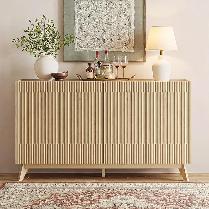 Fatmok Large Sideboard Buffet Cabinet with Storage, 65" Modern Fluted Credenza Buffet Table Coffee Bar Storage Cabinet with Doors & Adjustable Shelves for Living Room Kitchen Dining Room(Natural Oak)