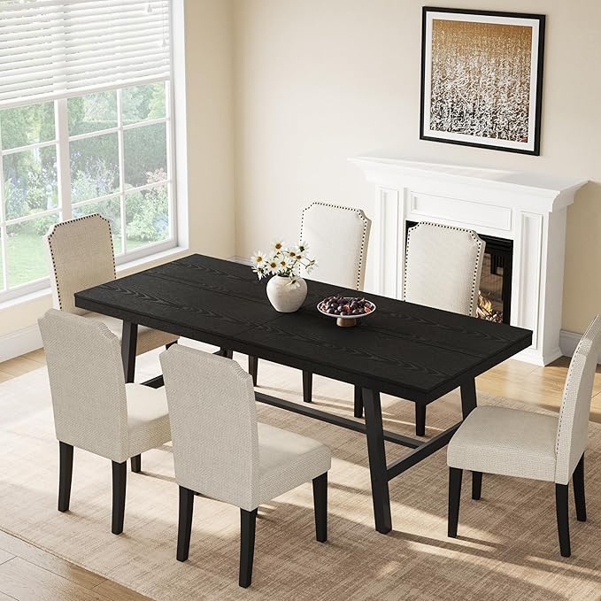 GarveeHome Industrial Dining Table for 6-8 People, 78.7" Long Large Kitchen Table with Sturdy Metal Frame, Rectangular Counter for Dinner, Kitchen, Dining Room (Black, 79" Non-extendable)