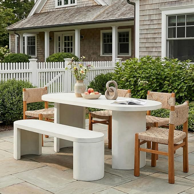 Christopher Knight Home Duro 6-Piece Outdoor Dining Set, Terrazzo Concrete Dining Table and Bench with 4 Acacia Wood Wicker Chairs, Patio Dining Table Set for Garden/Backyard, Light Brown+Teak+White
