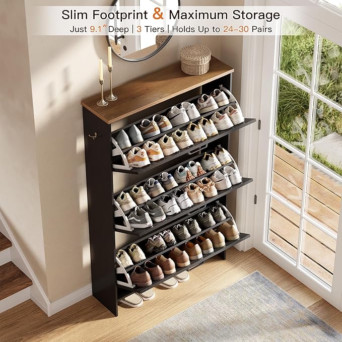 Nicetree Shoe Storage Organizer with 3 Flip Drawers, Freestanding Fluted Accent Narrow Shoe Rack, Farmhouse Shoe Cabinet with 3-Tier Adjustable Shelves for Hallway Foyer Rustic Black