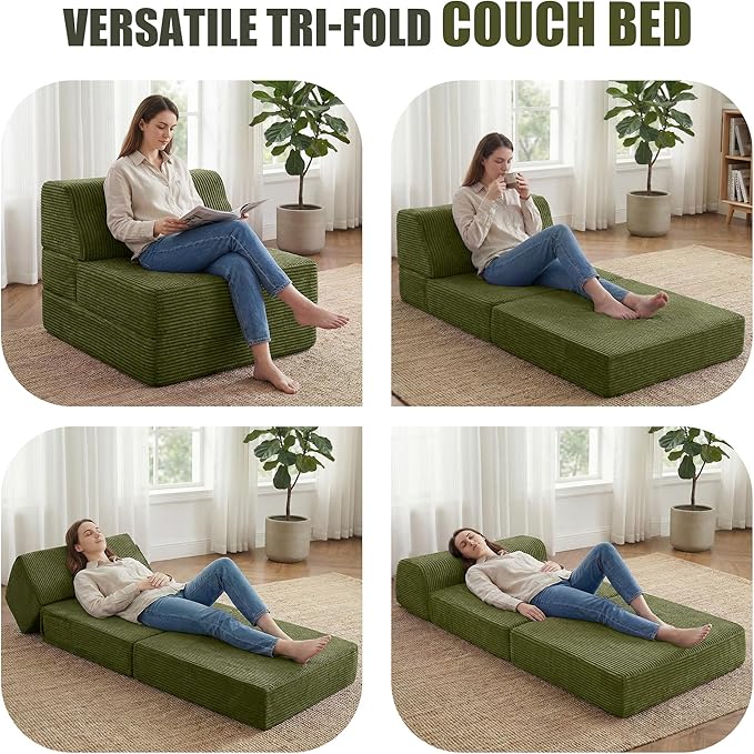 Kasunpul Folding Sofa Bed with Pillow, Memory Foam Fold Out Chair Bed, Convertible Sleeper Chair with Washable Cover, Futon Floor Couch for Living Room/Dorm/Guest Use/Home Office/Apartment, Green