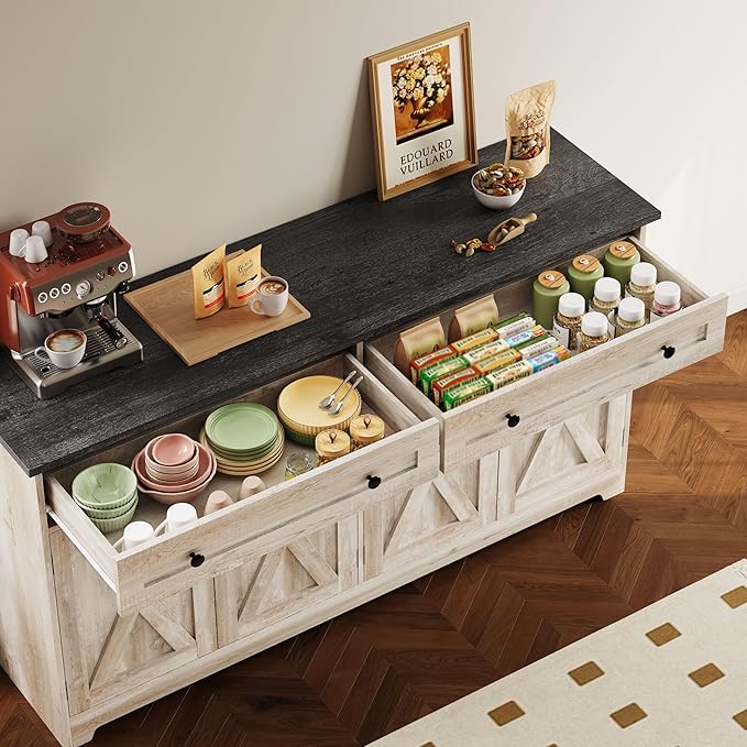 IRONCK Buffet Cabinet with Storage, Sideboard Storage Cabinet with Drawers, Coffee Bar Cabinet, Kitchen Cabinet with Doors, Charcoal Grey and Beige Maple