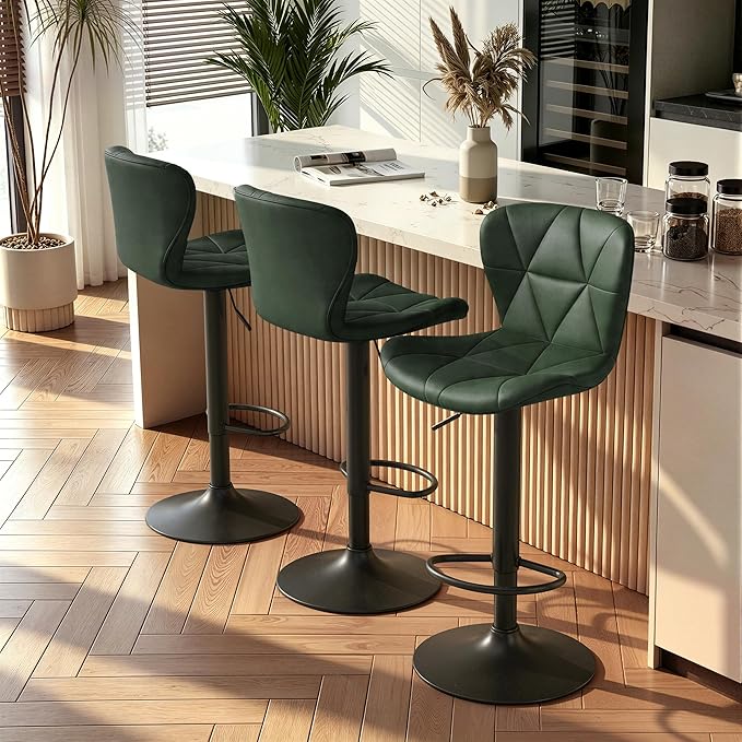 Nalupatio Modern Bar Stools Set of 3, Adjustable Faux Leather Upholstered Swivel Bar Stools, Counter Height Bar Chairs with Back for Kitchen Island, Green