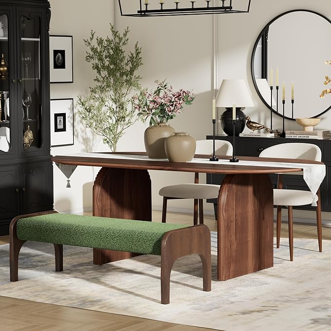 4-Piece Mid-Century Modern Dining Table Set, 63" Walnut Rectangular Table with 2 Dining Chairs & Bench, Dining & Kitchen Room Set for 4, Space-Saving Rustic Dining Set, Beige&Green