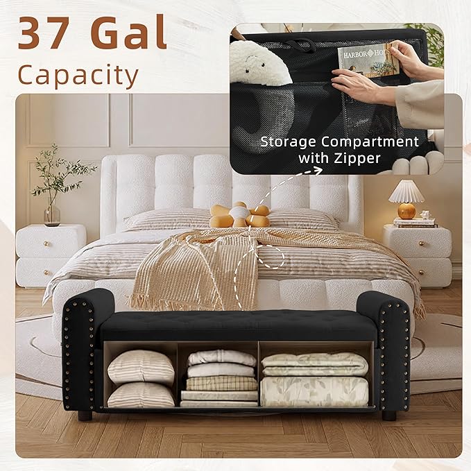 48" Ottoman with Storage, Tufted Storage Ottoman Bench, Convenient Living Room Fabrics Bench Seat, Entryway Shoe Benches with Inner Zipper & Arm, Upholstered Window Seat Ottomans with Rivets, Black