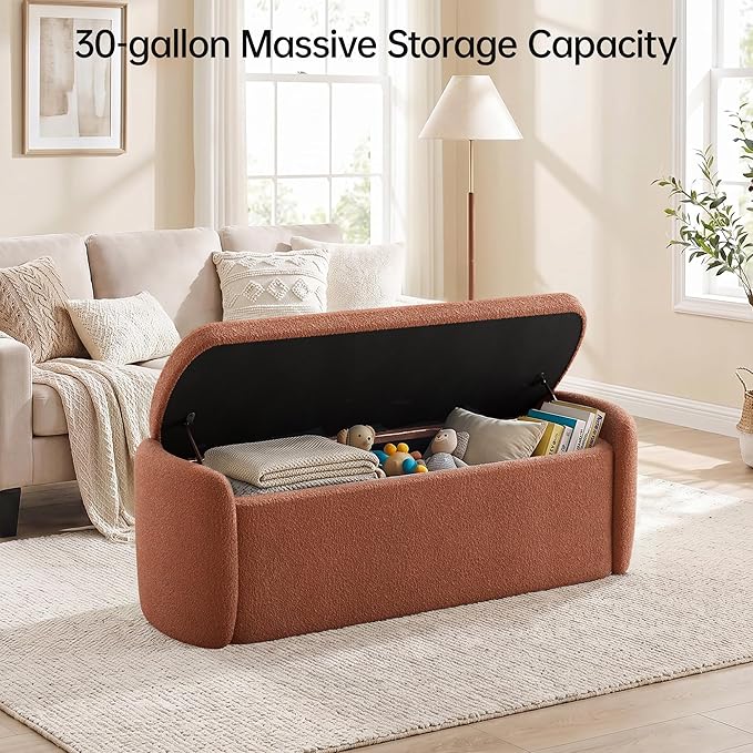 VKNOW 51" Storage Ottoman Bench, Upholstered End of Bed Bench with Smooth Hinges, Oval Large Ottoman Bench for Bedroom, Living Room and Hallway Entryway, Rust Red