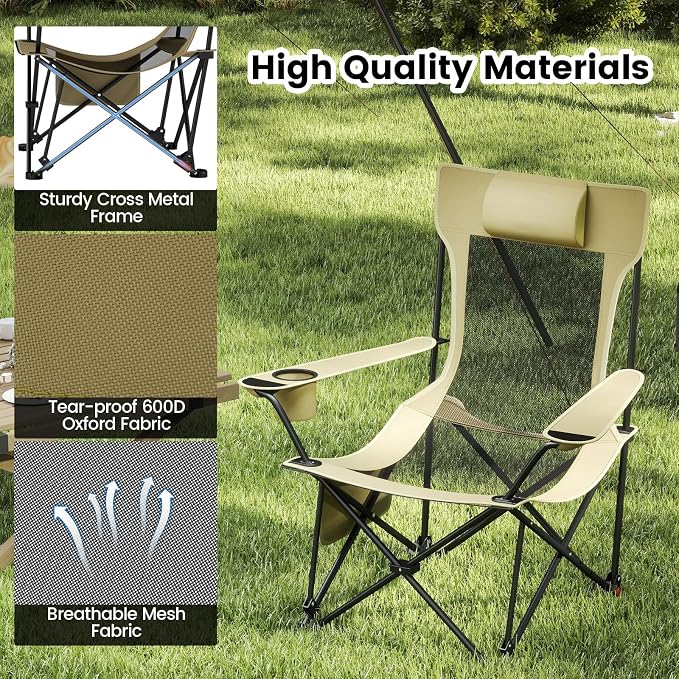 GYMAX Reclining Camping Chairs with Footrest, Lightweight Foldable Camping Chairs with Cup Holders, Adjustable Backrest, Headrest, Heavy Duty Camp Chair for Adult Outdoor Fishing Beach (Khaki,2)