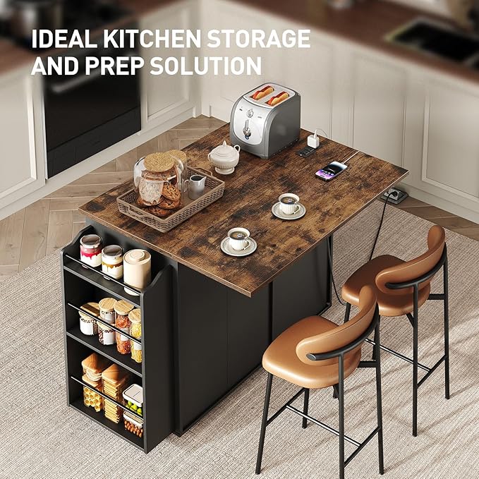 RALGEND Kitchen Island with Power Outlet & Drop Leaf, Mobile Rolling Cart with Trash Can Storage, 3-Tier Spice Rack, Island Table for Kitchen, Dining Room, Black and Rustic Brown