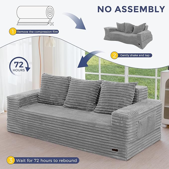 MAXYOYO Loveseat Sofa Bed, Striped Faux Fur Foldable Floor Sofa Couch in A Box, 4 in 1 Convertible Boneless Couch with 2 Cup Holders, Folding Recliner Sleeper Chair, No Assembly Required, Grey