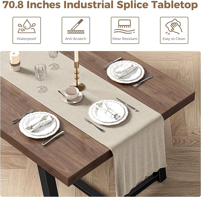 IRONCK 71" Dining Table for 6-8 People, Industrial Kitchen Table with Sturdy Metal Frame, Rectangular Brown Wood Dinner Table for Dining Room