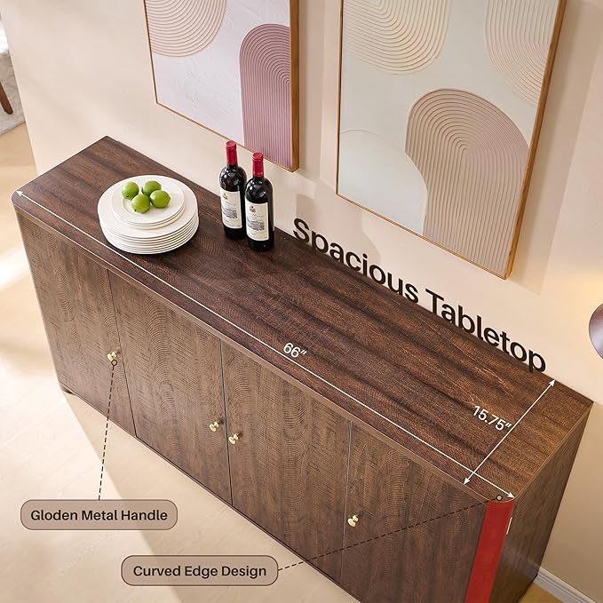 IFGET Curved Buffet Cabinet with Doors, 66" Large Sideboard Buffet Storage Cabinet with 4 Doors and Shleves, Modern Coffee Bar Station Wood Kitchen Table for Kitchen, Dining Room, Borwn