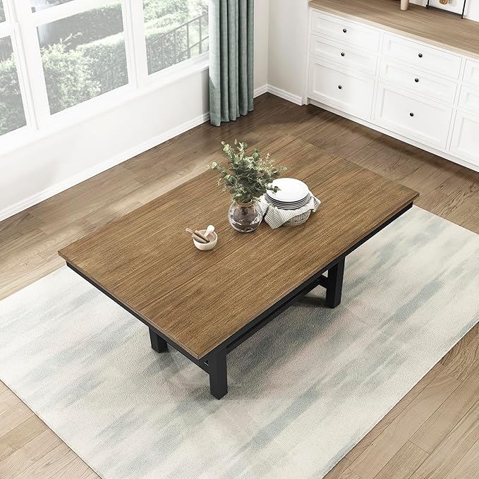 Lexicon 65" Modern Rectangle Dining Table for 6 - Solid Wood Frame, Acacia Veneer Rectangular Kitchen Table with Storage Shelf, Kitchen/Dining Room, Assembly Required, Brown Top and Black Wood Base