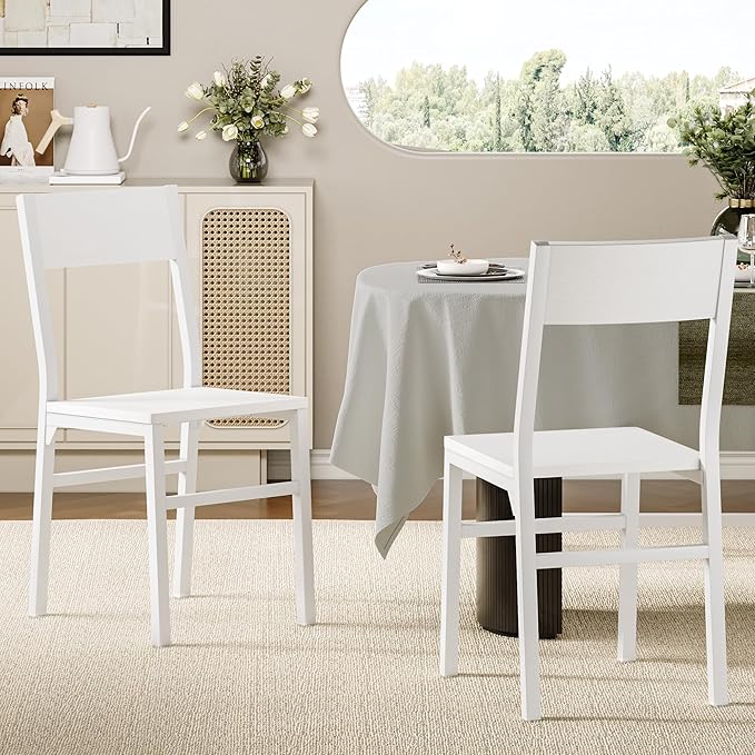 Feonase Dining Chairs and Benches Set of 4, Modern Dining Room Chairs with Ergonomic Backrest, Wood Structure & Metal Legs, for Kitchen, Dining Room, Space-Saving, Easy to Assemble & Clean, White