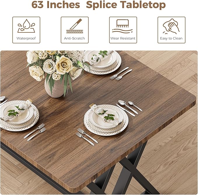 IRONCK 63" Dining Table for 4-6, Modern Rectangular Kitchen Table with Sturdy Metal Frame & Geometric Legs for Dining Room, Easy Clean-Brown