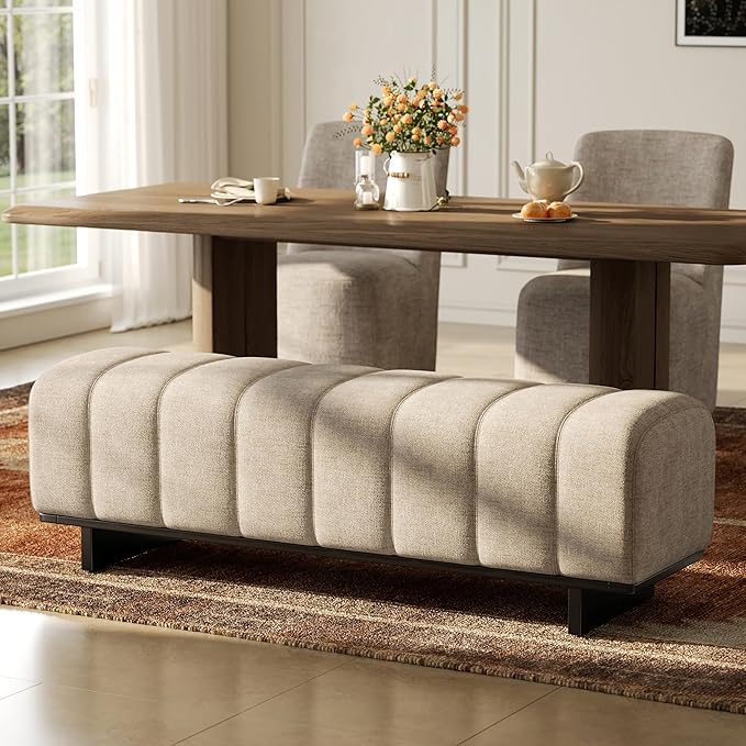 Christopher Knight Home Lamie Chenille Upholstered Dining Bench, Wooden Entryway Bench, Long Sofa Footstool for Living Room, Bedroom End of Bed Bench, Oatmeal+Black