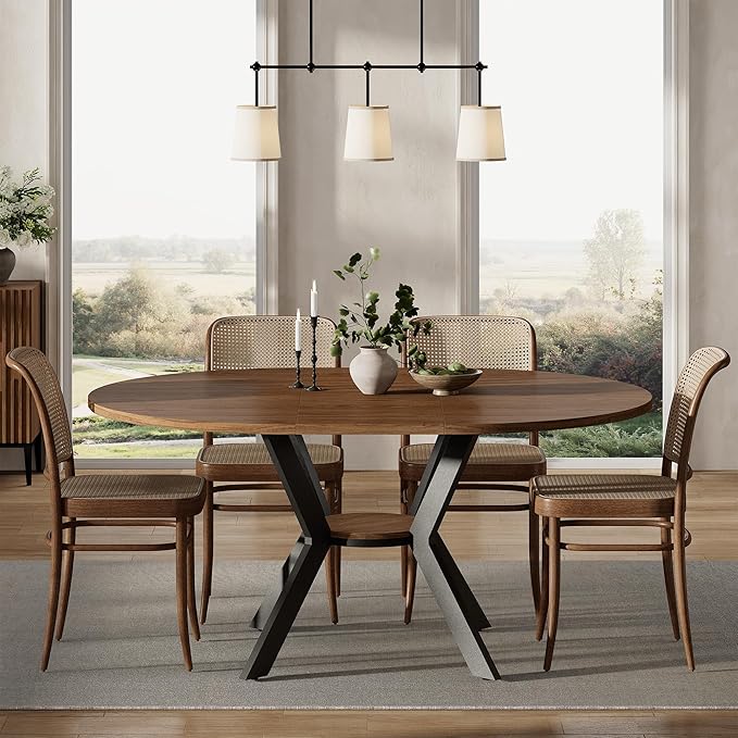 42"-58" Extendable Round Dining Table for 4-6, Kitchen Oval Table with Hidden Leaves & Storage Shelf, Space Saving Modern Design with Sturdy Metal Legs for Kitchen, Dining Room & Small Apartments