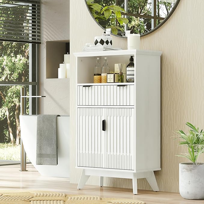FLOWBACK Fluted Cabinet, 40'' High Coffee Bar Cabinet with Drawer & Door, Bathroom Storage with Open Shelf, Wood Kitchen Pantry Sideboard Buffet Table with Shelves for Kitchen, Dining Room, Entryway