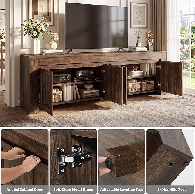 YITAHOME 70 inch TV Stand for up to 80 inch TVs, Farmhouse Entertainment Center with Storage Doors and Shelves, Media Console Table with Cable Holes for Living Room, Dark Walnut