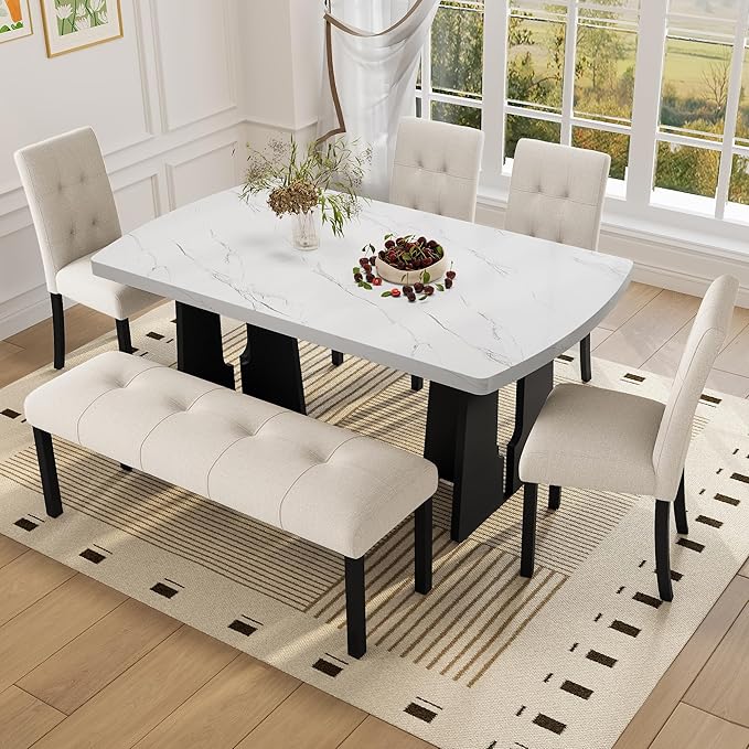 Merax 6-Piece Dining Table Set for 6, Modern Faux Marble Oval Kitchen Tabletop with Four Upholstered Chairs and One Bench for Dining, Living Room, Kitchen, Easy Assembly, White+ Beige