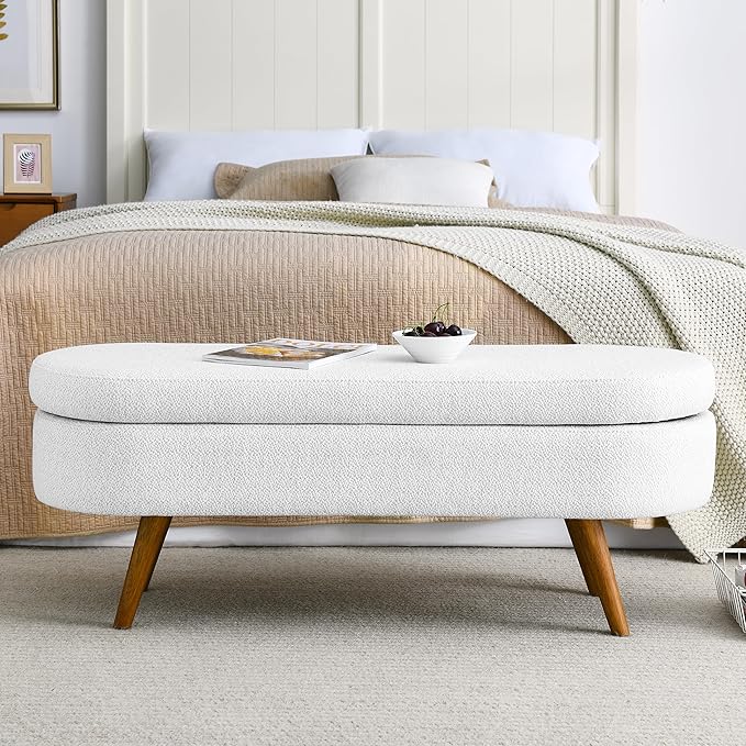 43.5" Ottoman with Storage, Storage Ottoman Bench with Safety Hinge, Linen End of Bed Bench, Upholstered Entryway Bench for Bedroom, Living Room & Window, Holds up to 330 lb, White