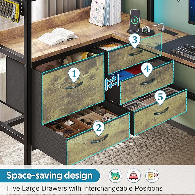 busyaeh Twin Loft Bed with Desk and Storage, Metal loft Bed with 5 Drawers and 2 Open Shelves, Heavy Duty Loft Bed Twin Size with LED Lights and Charging Station for Teens Adults, Vintage Brown