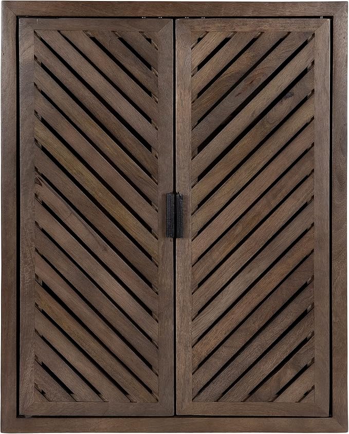 Kate and Laurel Mezzeta Decorative Modern Two-Door Floating Bathroom Cabinet; 28 x 22 x 7; Natural Wood; Decorative Over Toilet Storage Cabinet Made from Solid Mango Wood with Slatted Chevron Design