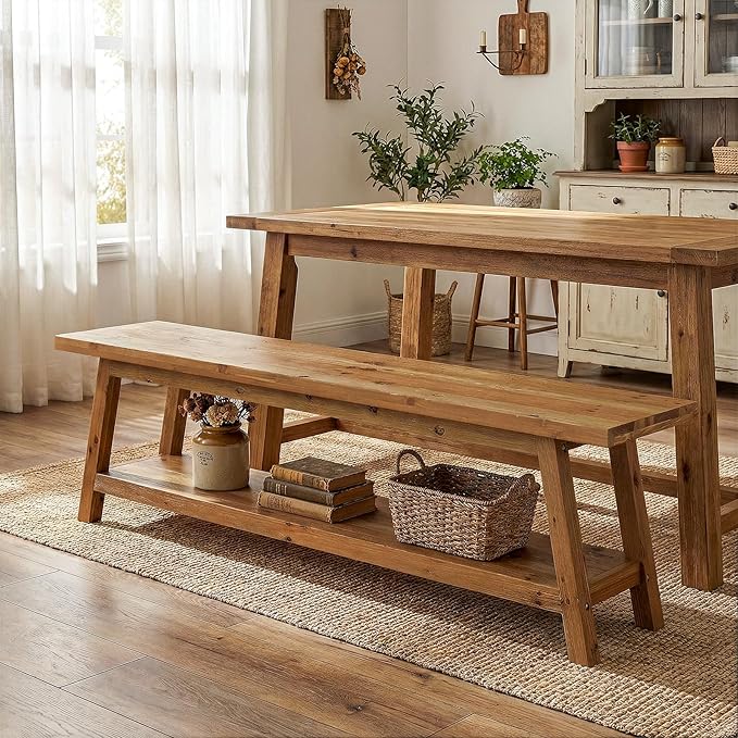 63” Wood Dining Room Bench, Farmhouse Kitchen Bench with Storage Shelf, Solid Wood Rusit Backless Bench for Dining Table, Extra Long Seating for Kitchen Room