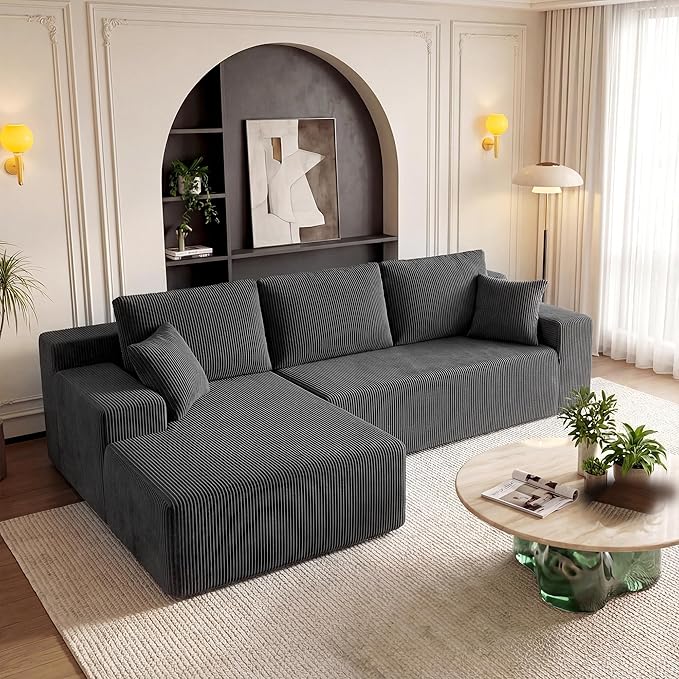 GRUSIGN Cloud Sectional Boneless Couches for Living Room, Modular L Shaped Couch with Deep Seat Oversized Left Facing Chaise, Memory Foam Compressed Spineless 3 Seater Sofa for Apartment, Grey