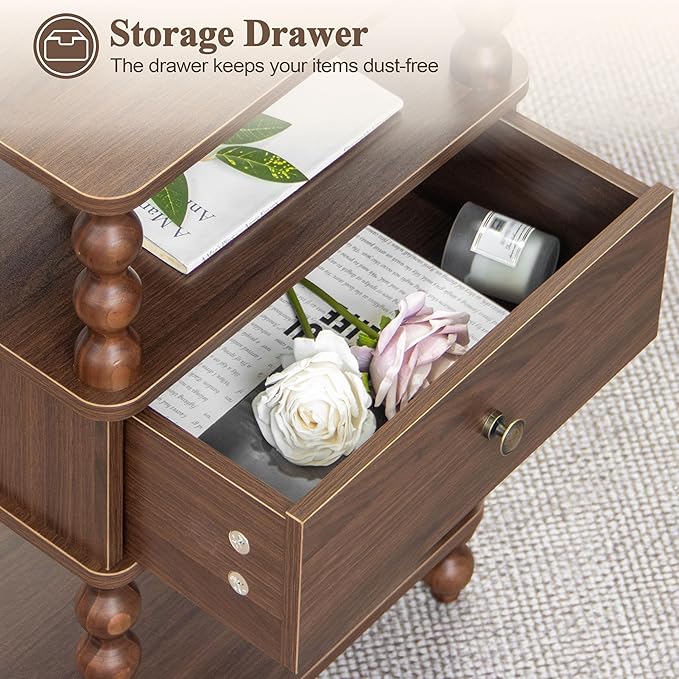 AWASEN Mid Century Modern Nightstand, Bedside Table with Storage, 3-Tier Small Night Stand End Table with Drawer for Bedroom &Solid Wood Spindle Legs, Walnut Brown