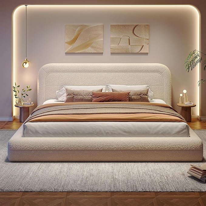 Homkdom Cloud Bed Frame and Headboard, Upholstered Soft King Size Bed Frame with Round Edges, Boucle Platform Bed for Apartments & Master Rooms & Guest Rooms, No Box Spring Needed,Beige