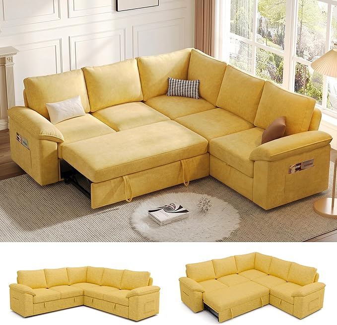 85 Inch Modular Sectional Sofa with Pull Out Bed, L Shaped 5 Seat Sectional Sleeper Sofa with Storage, Sectional Couches for Living Room, Cloud Modular Couch,Removable Sofa Cover,Yellow