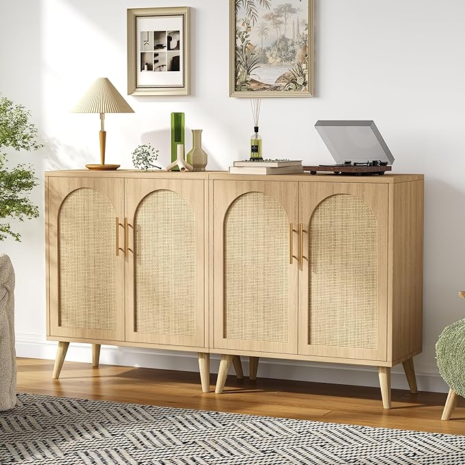 Set of 2 Rattan Buffet Cabinet with Storage, 59 Inch Sideboard with Adjustable Shelf and Solid Wood Legs, Floor Storage Cabinet with 4 Doors, Coffee Bar for Kitchen, Living Room, Hallway, Natural