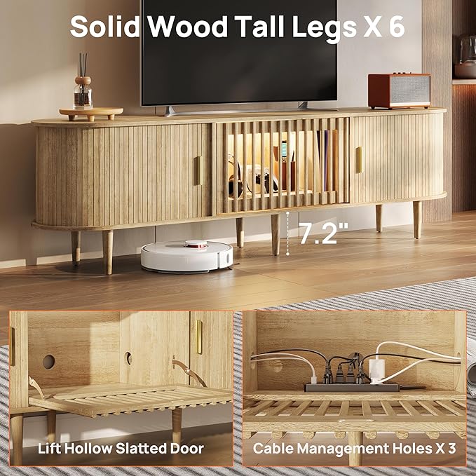 70" Fluted Mid Century Modern TV Stand for TVs Up to 75", Tambour Sliding Doors Entertainment Center with Storage&LED, Janpandi Curved Media&TV Console Long TV Stands for Living Room Bedroom, Oak