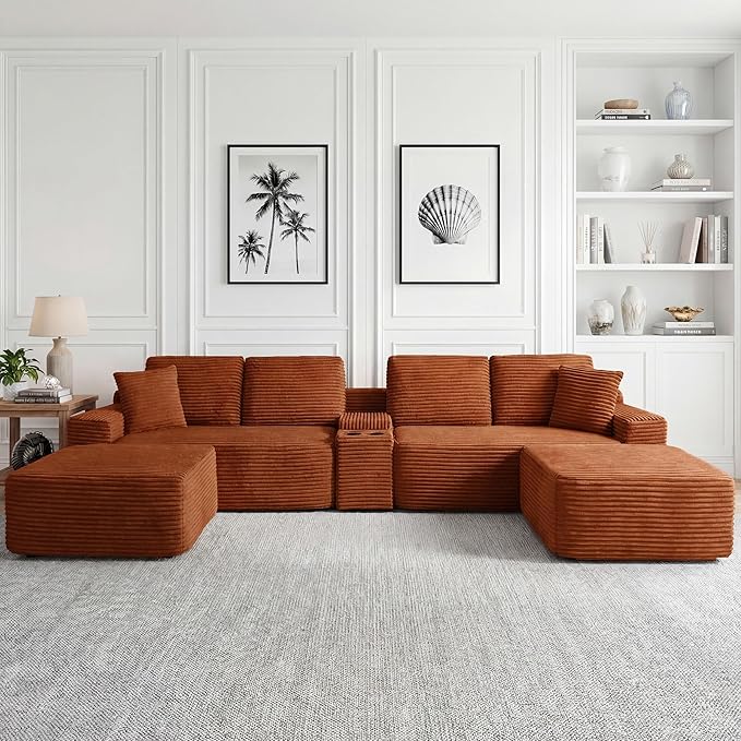 125 Inch Modular Sectional Sofa, Modern Oversized Corduroy Cloud Couch with 2 Ottomans, Cup Holders and USB Ports, U Shape Couch Boneless Couches for Living Room, No Assembly Required, Orange