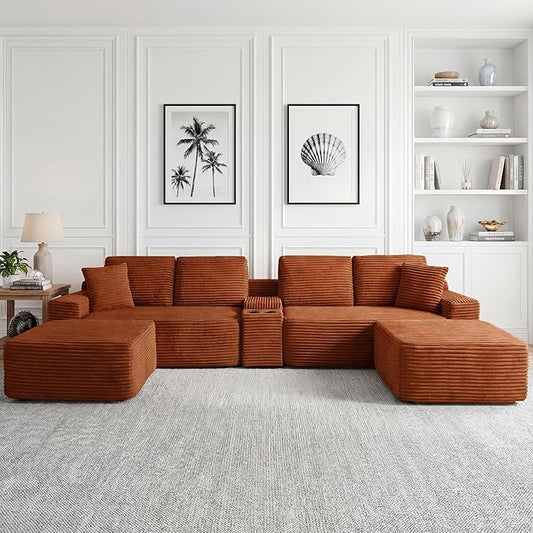 125 Inch Modular Sectional Sofa, Modern Oversized Corduroy Cloud Couch with 2 Ottomans, Cup Holders and USB Ports, U Shape Couch Boneless Couches for Living Room, No Assembly Required, Orange