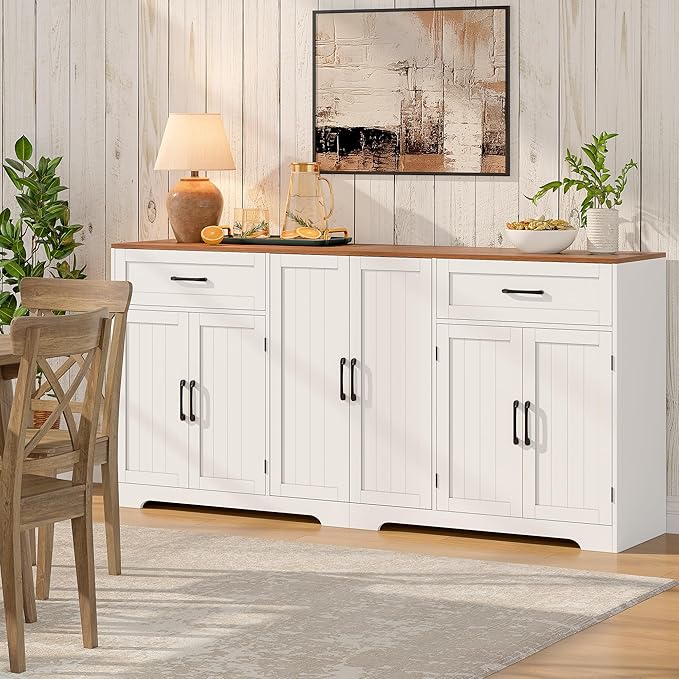 Whalefall 71" Farmhouse Sideboard Buffet Cabinet with Storage, Large Coffee Bar with 2 Drawers & 6 Doors, Kitchen Storage Credenza with Adjustable Shelves for Dining Room, White