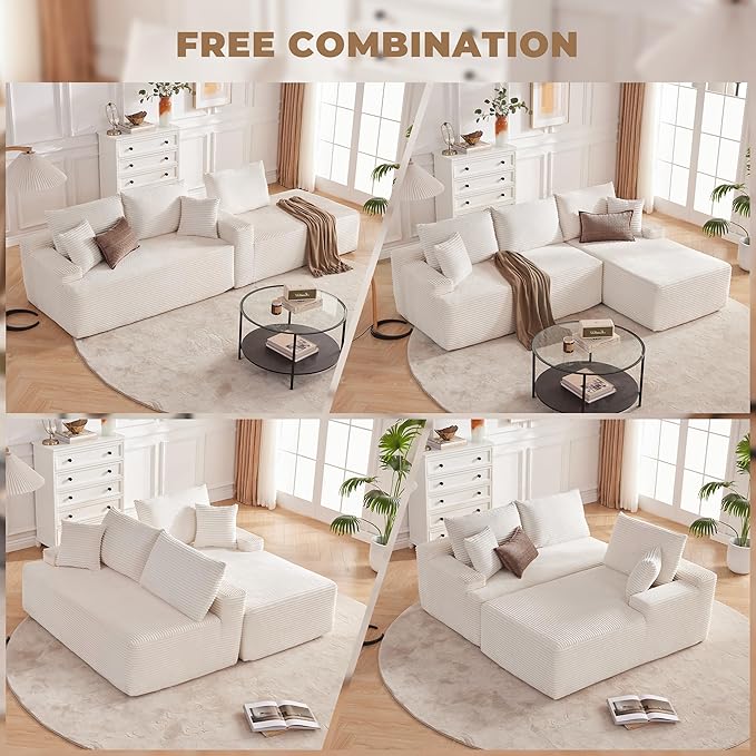Mangodan Cloud Sectional Sofa, Boneless Couch for Living Room, Modular Sectional Sofa with Deep Seat, Fluffy L-Shaped Comfy Couch with Right-Facing Chaise, No Assembly Required, Beige