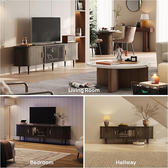 70" Fluted Mid Century Modern TV Stand for TVs Up to 75", Tambour Sliding Doors Entertainment Center with Storage&LED, Curved Media&TV Console Long TV Stands for Living Room Bedroom, Walnut
