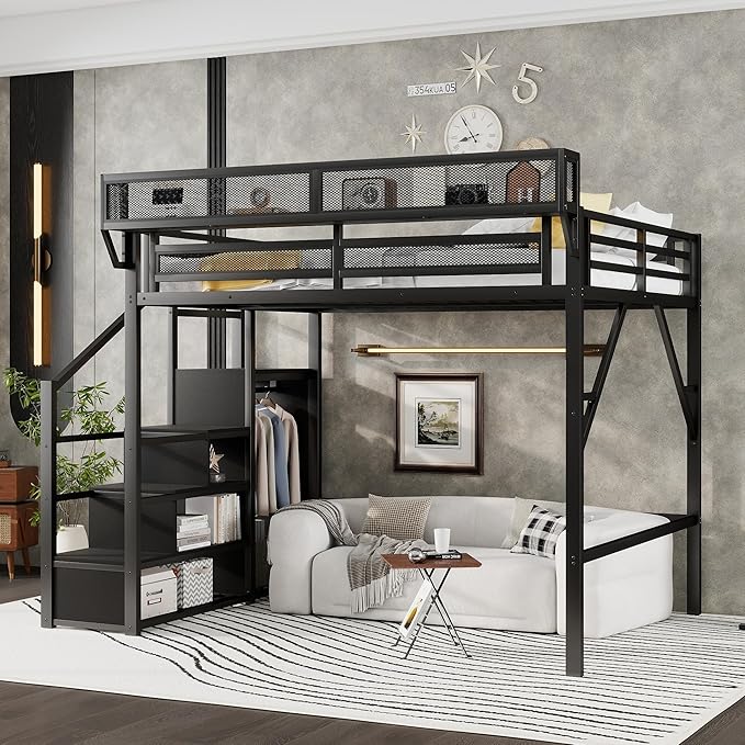 KEIKI Queen Size Metal Loft Bed Frame with Convertible Staircase, Built-in Storage Shelves and Wardrobe, Loft Bed with Solid Slats, Guardrail, No Box Spring Required, Easy Assembly, for Bedroom, Black