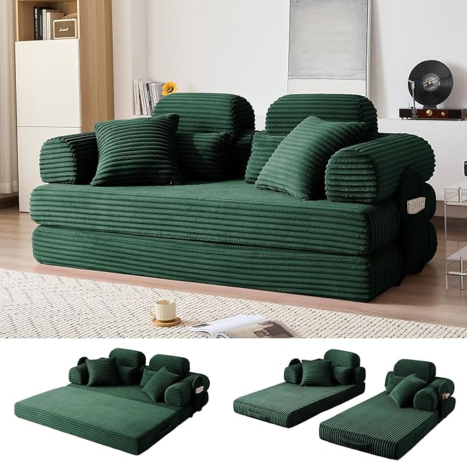 78.8" Convertible Sofa Bed with High Backrest Headrest, 5-in-1 Corduroy Boneless Couch with Side Pocket, Sleeper Loveseat Couch Bed Sectional Couches for Living Room, No Assembly, Green